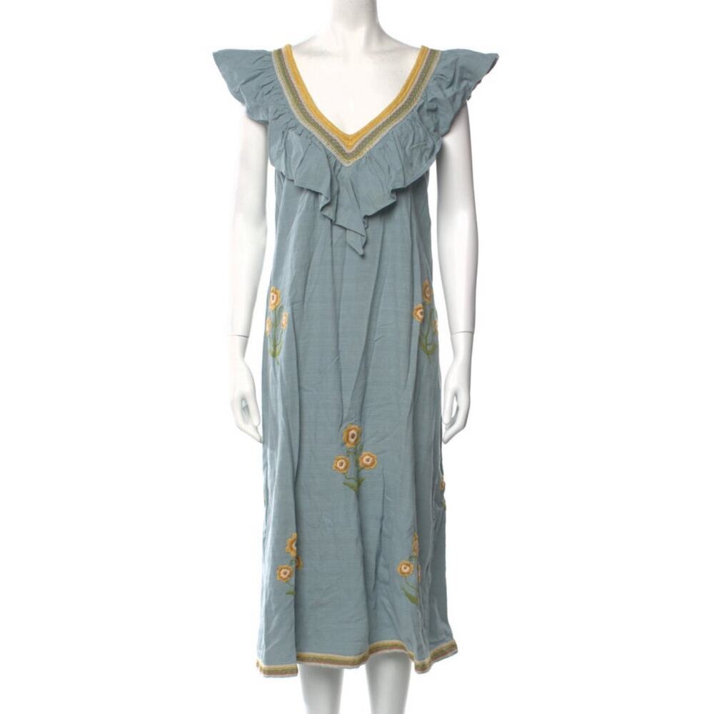 Mi Golondrina Dusty Blue Midi Dress with Yellow Floral Accents
